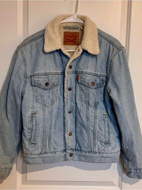 Levi's Blue Denim Sherpa Trucker Jean Jacket Size Small  Snap Button
